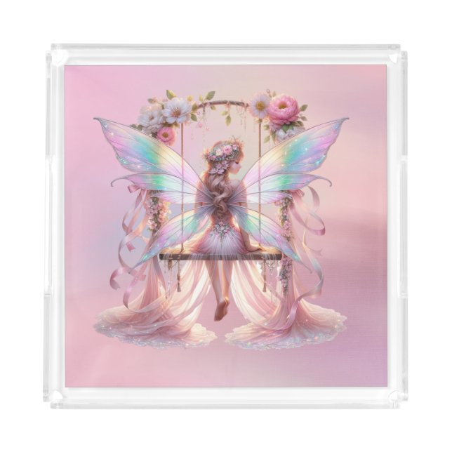 Soft Pink Peony Swing Fairy Princess Girls Acrylic Tray (Front)
