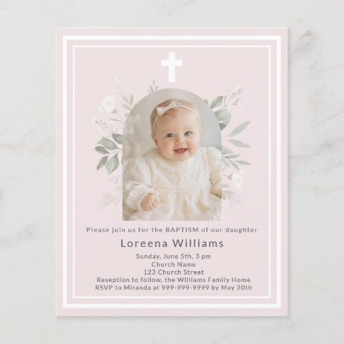 Soft pink photo florals girl Baptism invitation