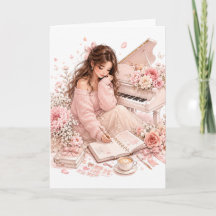 Soft Pink Piano Floral Greeting Card