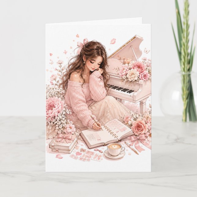 Soft Pink Piano Floral Greeting Card (Front)