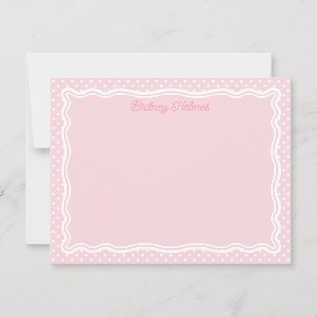 Soft Pink Polka Dots & Wavy Frame Add Name Note Card (Front)