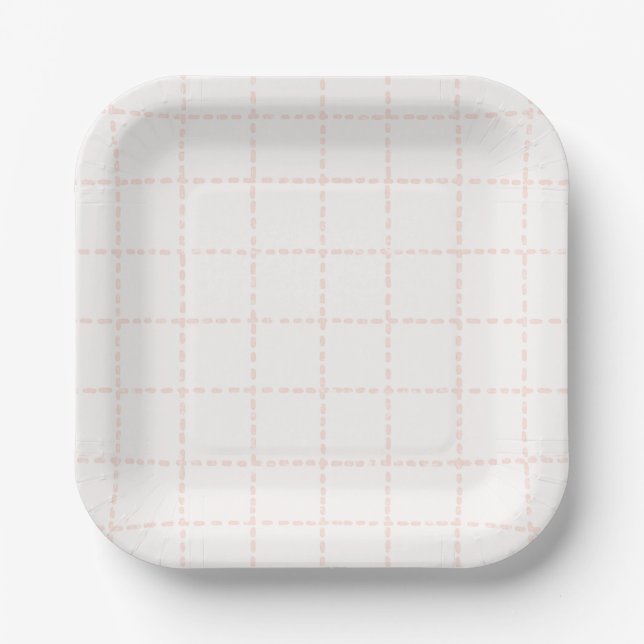 Soft Pink Preppy Watercolor Simple Plaid Party Paper Plates (Front)