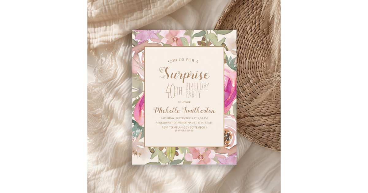 Soft Pink Purple Floral Surprise 40th Birthday Invitation | Zazzle