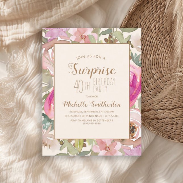 Soft Pink Purple Floral Surprise 40th Birthday Invitation (Pink watercolor floral and sage green leaves surprise 40th birthday party invitation)
