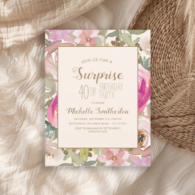 Soft Pink Purple Floral Surprise 40th Birthday Invitation | Zazzle