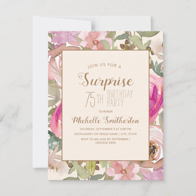 Soft Pink Purple Floral Surprise 75th Birthday Invitation (Front)