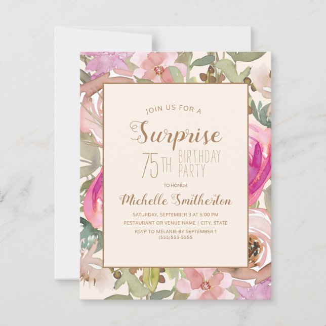 Soft Pink Purple Floral Surprise 75th Birthday Invitation (Front)