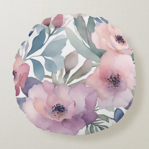 Soft Pink Purple Roses Floral Art Round Pillow