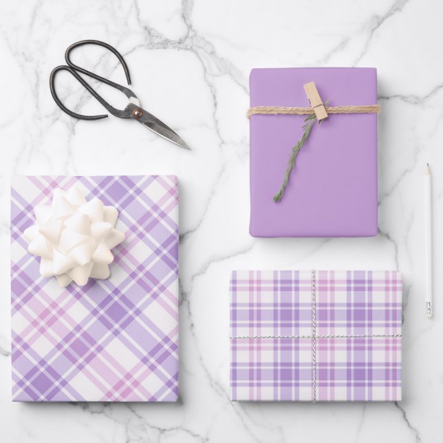 Soft Pink, Purple & White Plaid Wrapping Paper Sheets (Front)