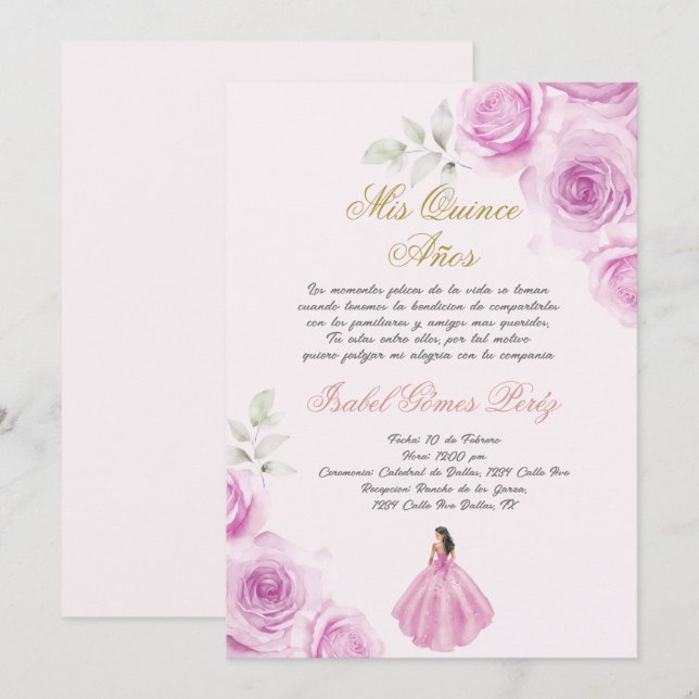 Soft pink Quinceanera Spanish Invitation (Front/Back)