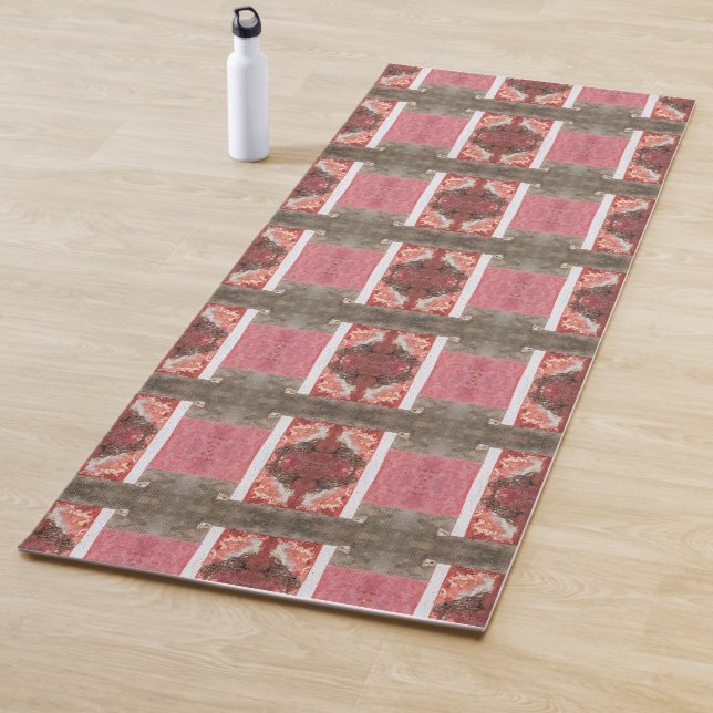 Soft pink, red, gray geometric pattern yoga mat (In Situ)