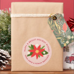 Soft Pink Red Poinsettia Christmas Holiday Gift Classic Round Sticker<br><div class="desc">Add a personal touch to all your holiday gifts this Christmas season with this large,  personalized sticker label. A background of pretty blush pink and a central red poinsettia with green pine branches,  leaves and little blossoms are the centerpiece of this gift wrap sticker.</div>