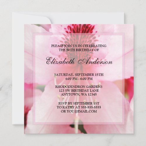 Soft Pink Rhododendron Flowers 90th Birthday Party Personalized Announcement