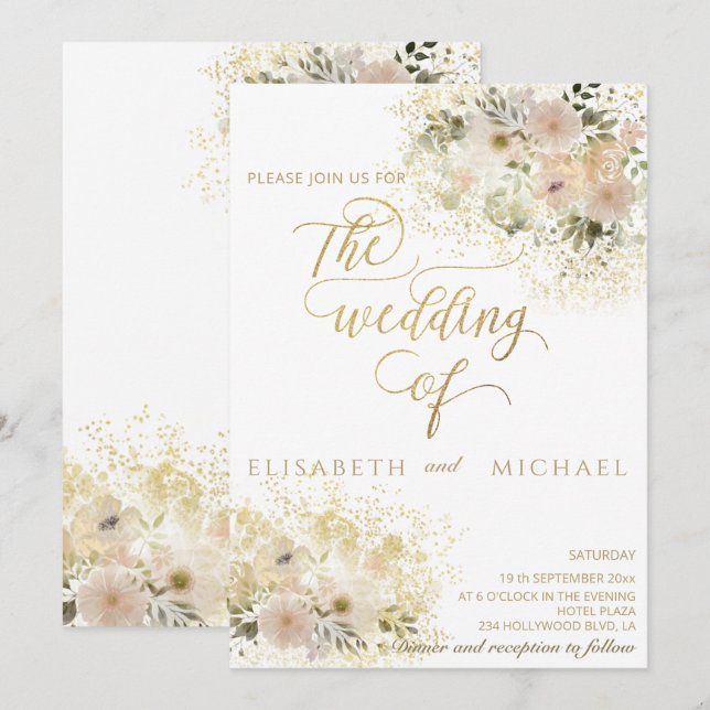 Soft pink romantic floral gold calligraphy invitation (Front/Back)