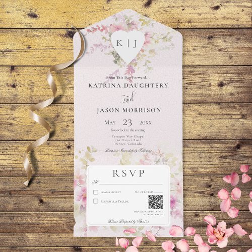 Soft Pink Romantic Heart Vintage Floral QR Code All In One Invitation