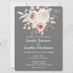 Soft Pink Romantic Rose on Grey Wedding  Invitation