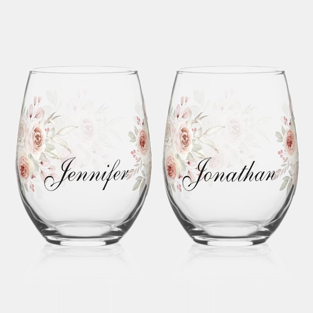 Soft Pink Romantic Rose on White Wedding Stemless Wine Glass (Front)