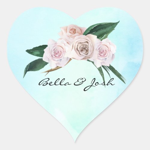 Soft Pink Rose Blossoms Wedding Heart Sticker