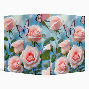 Soft Pink Rose Flower Blue Butterfly 3 Ring Binder
