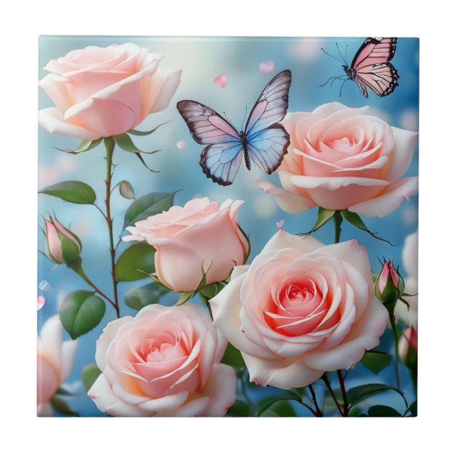 Soft Pink Rose Flower Blue Butterfly Ceramic Tile (Front)