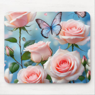 Soft Pink Rose Flower Blue Butterfly Mouse Pad