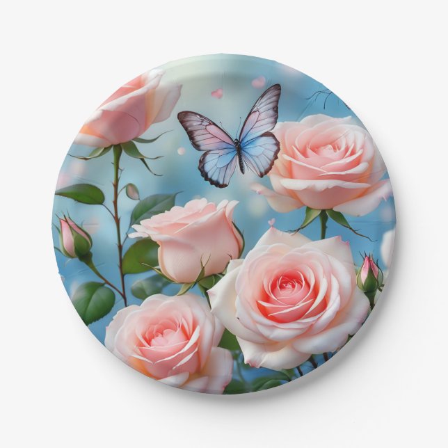Soft Pink Rose Flower Blue Butterfly Paper Plates (Front)