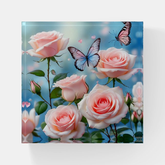 Soft Pink Rose Flower Blue Butterfly Paperweight (Front)