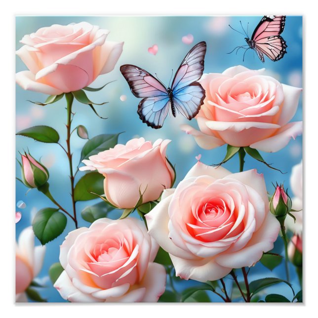 Soft Pink Rose Flower Blue Butterfly Photo Print (Front)