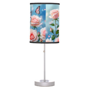 Soft Pink Rose Flower Blue Butterfly Table Lamp
