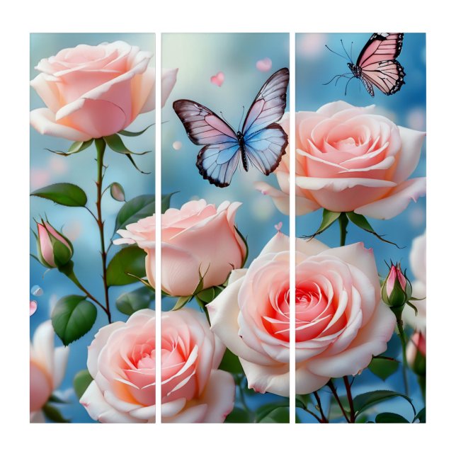 Soft Pink Rose Flower Blue Butterfly Triptych (Front)