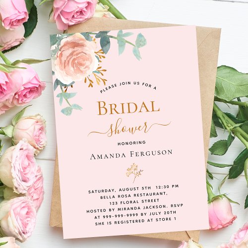 Soft pink rose gold floral greenery Bridal Shower Invitation