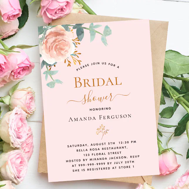 Soft pink rose gold floral greenery Bridal Shower Invitation | Zazzle