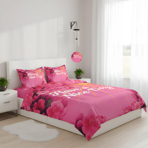 Soft Pink Rose/Peony "Have a Nice Day" Cheerful Fl Duvet Cover