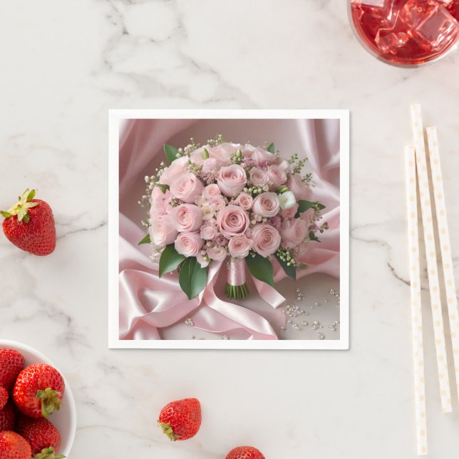Soft Pink Rose Wedding Bouquet, Napkins (Insitu)