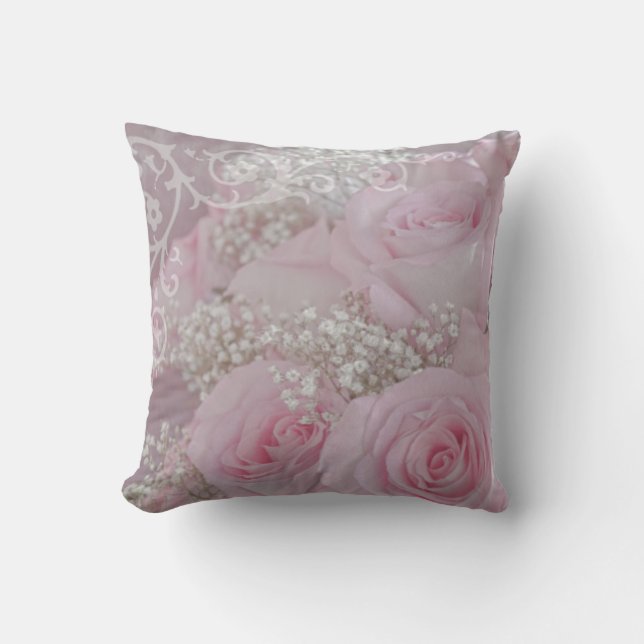 Soft Pink Roses and Baby's Breath Throw Pillow (Front)