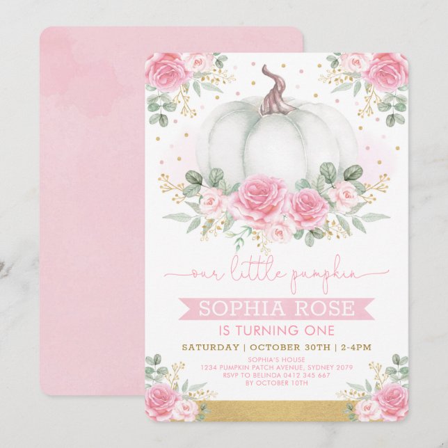 Soft Pink Roses and Pumpkin 1st Birthday Invitation (Front/Back)
