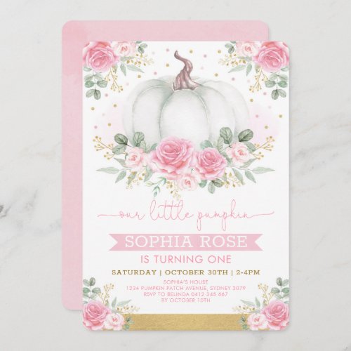 Soft Pink Roses and Pumpkin 1st Birthday Invitation