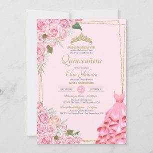Soft Pink Roses Blush and Gold Floral Quinceanera Invitation