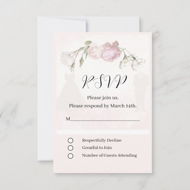 Soft Pink Roses & Bride and Groom Collection RSVP Card (Front)