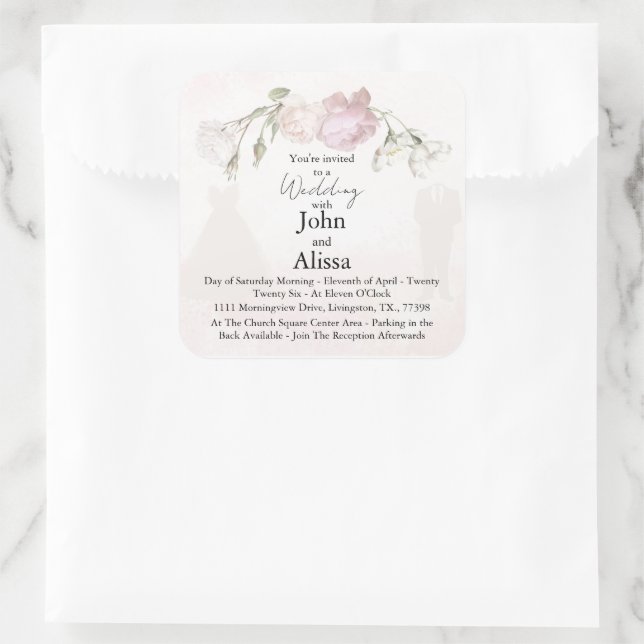 Soft Pink Roses & Bride and Groom Collection Square Sticker (Bag)