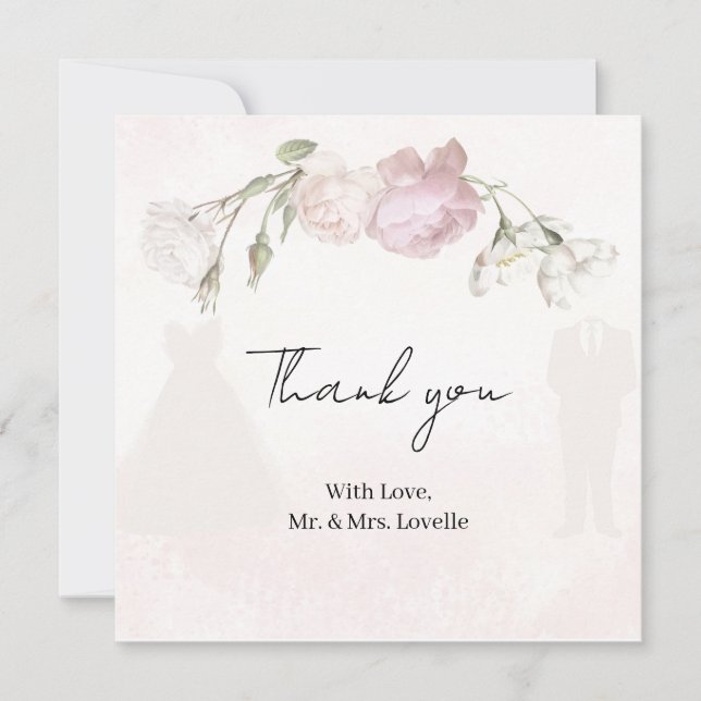Soft Pink Roses & Bride and Groom Collection Thank You Card (Front)