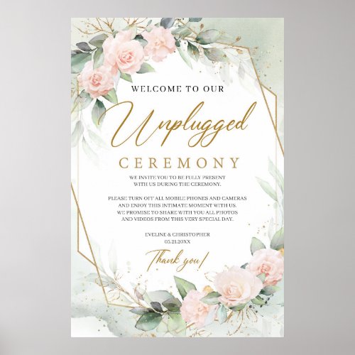 Soft pink roses eucalyptus gold unplugged ceremony poster