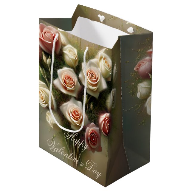 Soft pink roses heart bouquet valentine  medium gift bag (Front Angled)