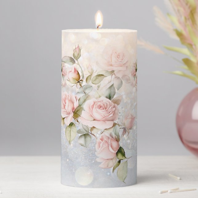 Soft Pink Roses Pillar Candle (In Situ)
