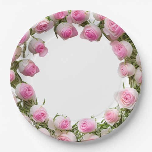 Soft Pink Roses Plates  9 Round Paper Plate