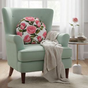 Soft Pink Roses Watercolor Elegant Floral Pattern Round Pillow
