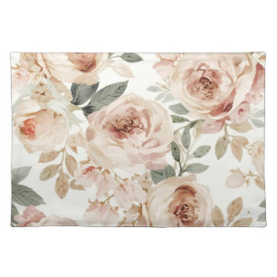Soft Pink Roses Watercolor Floral Print Botanical Cloth Placemat