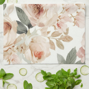 Soft Pink Roses Watercolor Floral Print Botanical Kitchen Towel