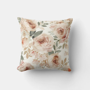 Soft Pink Roses Watercolor Floral Print Botanical Throw Pillow
