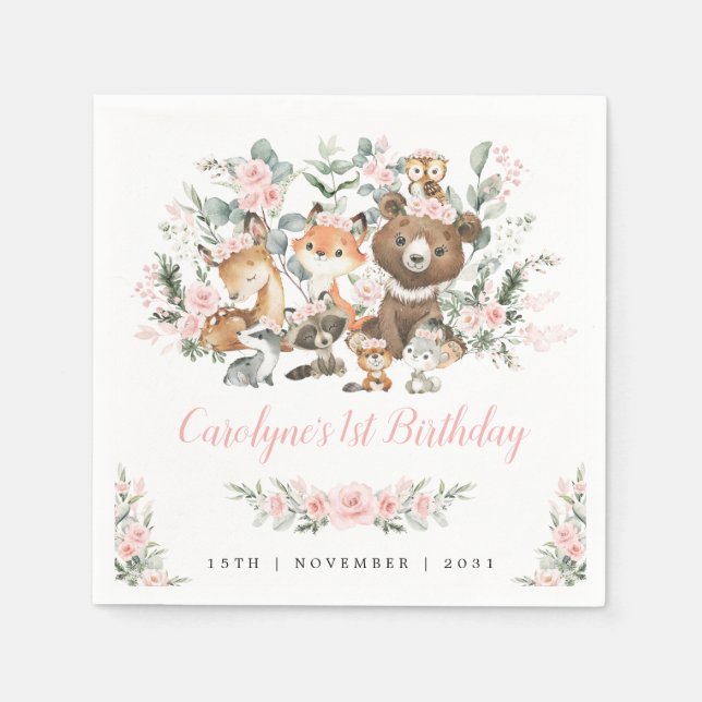 Soft Pink Roses Woodland Animals Girl 1st Birthday Napkins (Front)